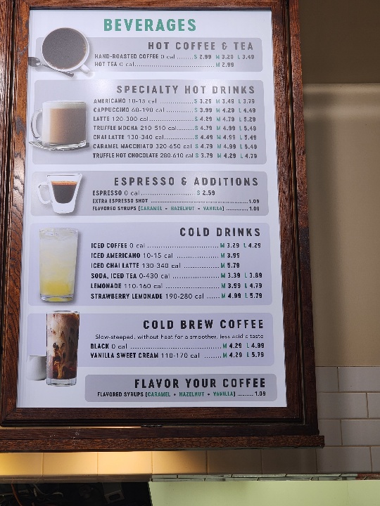 Corner Bakery Coffee Drink Menu Options
